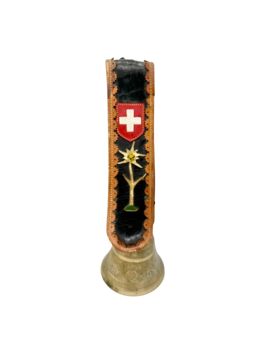 Vintage Swiss Gusset Brass Cow Bell With Edelweiss and Original Leather Strap